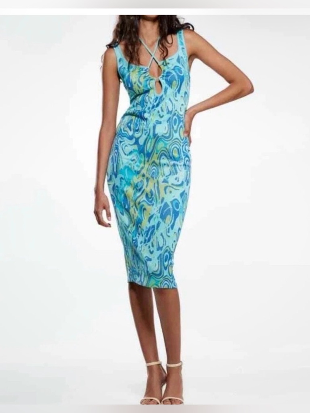 NWT ZARA Jacquard blue midi dress size M - Picture 2 of 9